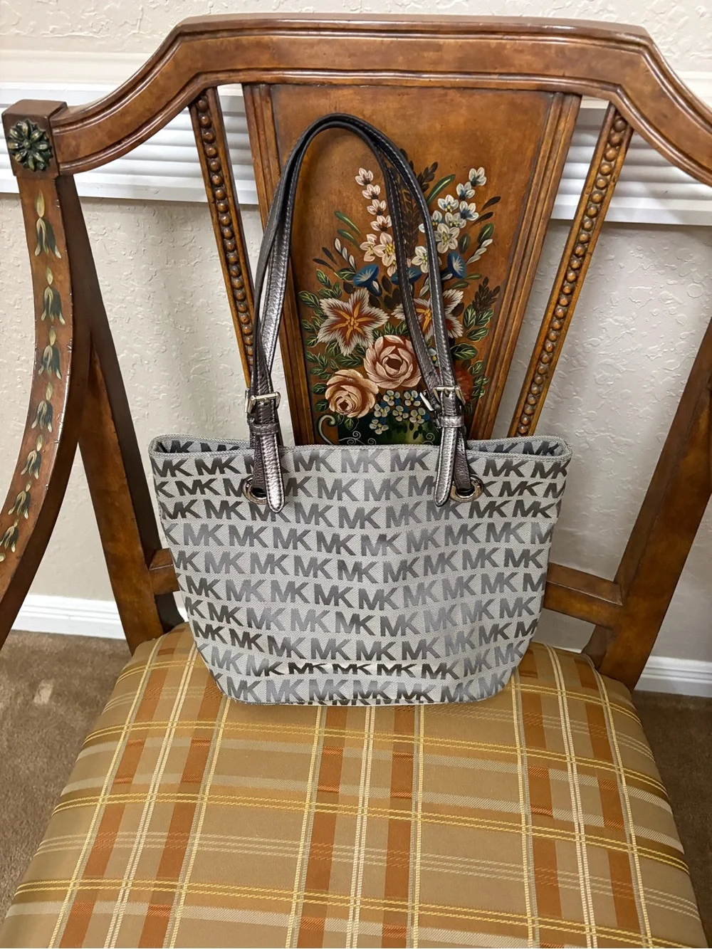 Michael Kors Gray MK Logo Tote Bag with Silver Straps